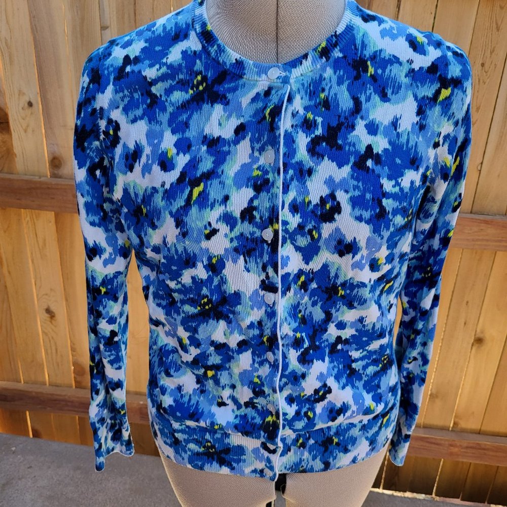 LANDS' END women's blue animal print cardigan SMALL